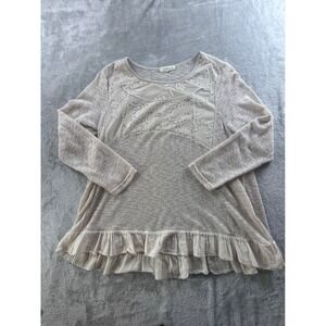 Indigo Soul Womens Whimsical Cozy Vintage Knit Top Size Large Beige Lace Ruffle